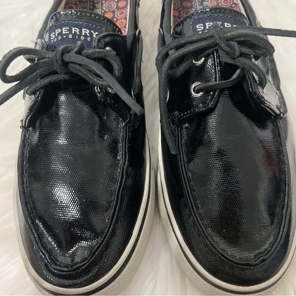 Sperry Top Siders Black Patent Glossy Boat Shoes Coastal Nautical Size 10